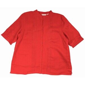 Tweeds Woman 100% Linen Pleated Embroidered Bright Orange Blouse Split Collar 2X
